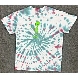 Tie Dye Alien Graphic T-Shirt Green Pink Spiral Tee Men's Medium